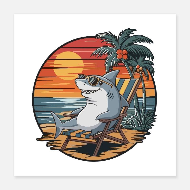 Requin drôle sur le coucher de soleil des vacances d’été à la plage Poster 40 x 40 cm