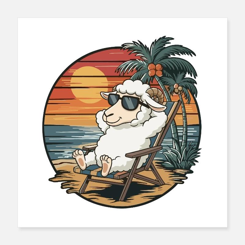 Funny Sheep on Beach Summer Vacation Sunset Poster 16" x 16" (40x40 cm)