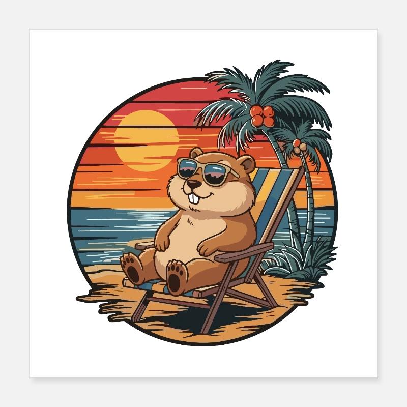 Funny Gopher on Beach Summer Vacation Sunset Poster 16" x 16" (40x40 cm)