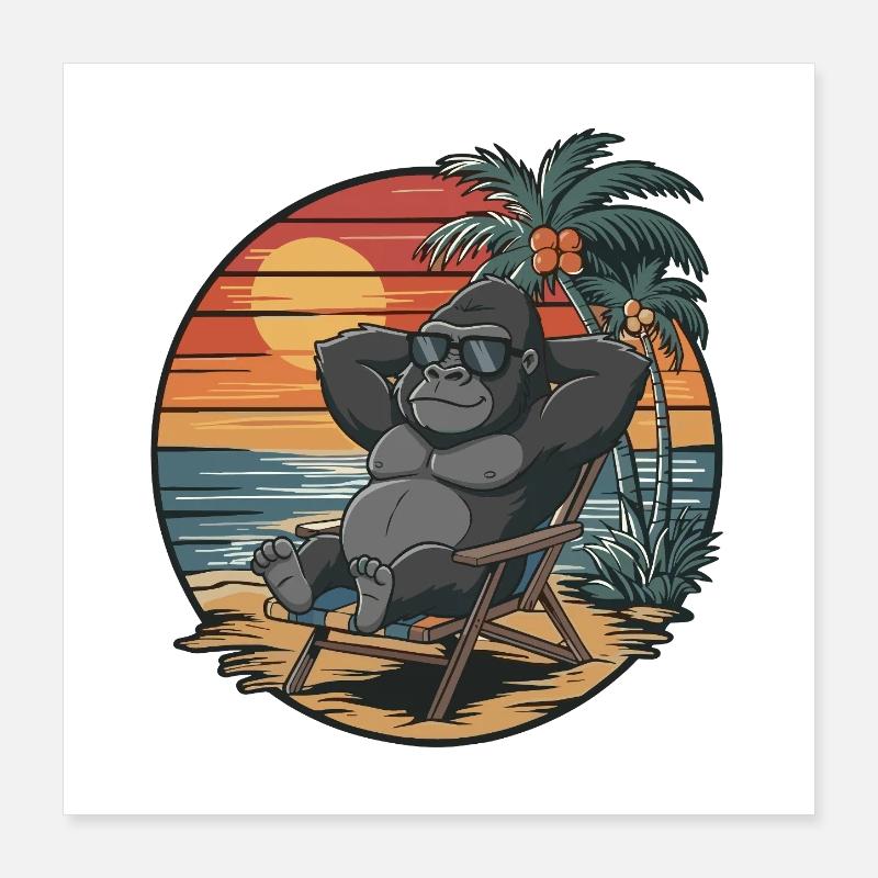 Gorille drôle sur la plage Coucher de soleil des vacances d’été Poster 40 x 40 cm