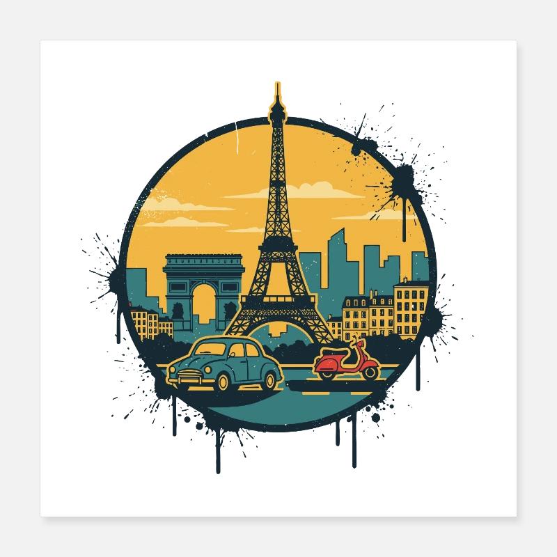 Illustration rétro de l’écusson de la Skyline de la tour Eiffel de Paris Poster 40 x 40 cm