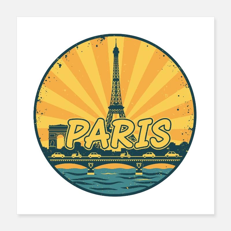 Paris City Skyline Eiffel Tower Retro Sunset Badge Poster 16" x 16" (40x40 cm)