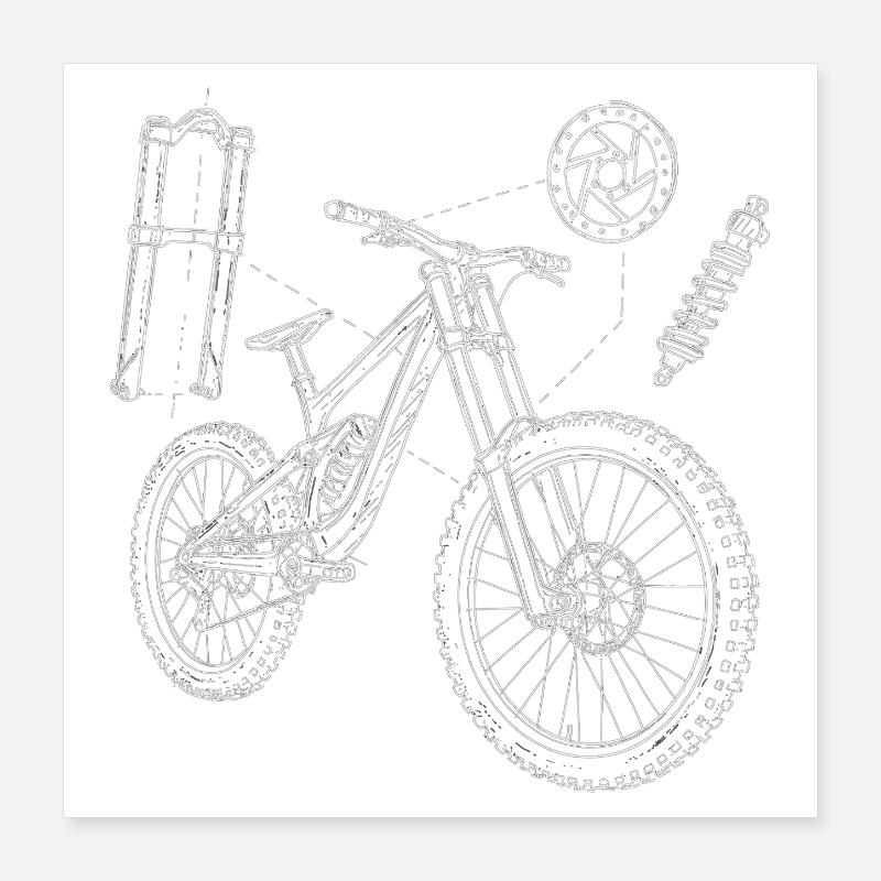 MTB Geometry Sketch: Downhill Exploded Drawing Poster 16" x 16" (40x40 cm)