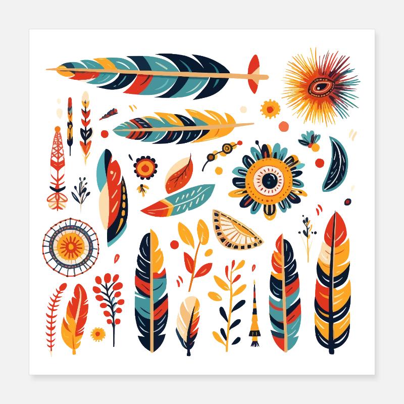 Boho Feather and Flowers Pattern Poster 16" x 16" (40x40 cm)