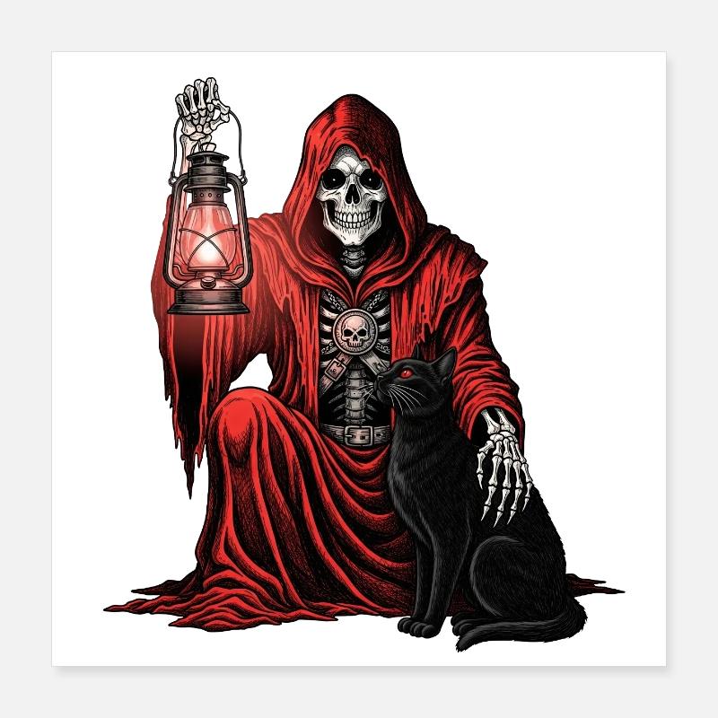 Red Hood Grim Reaper Lantern Cat Poster 16" x 16" (40x40 cm)