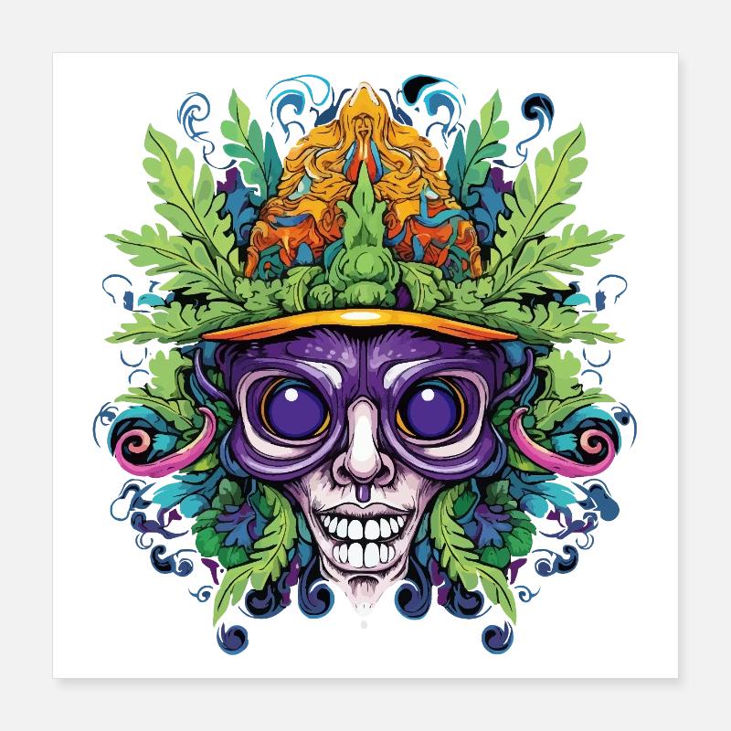 Crâne psychédélique avec couronne de feuilles Poster 40 x 40 cm