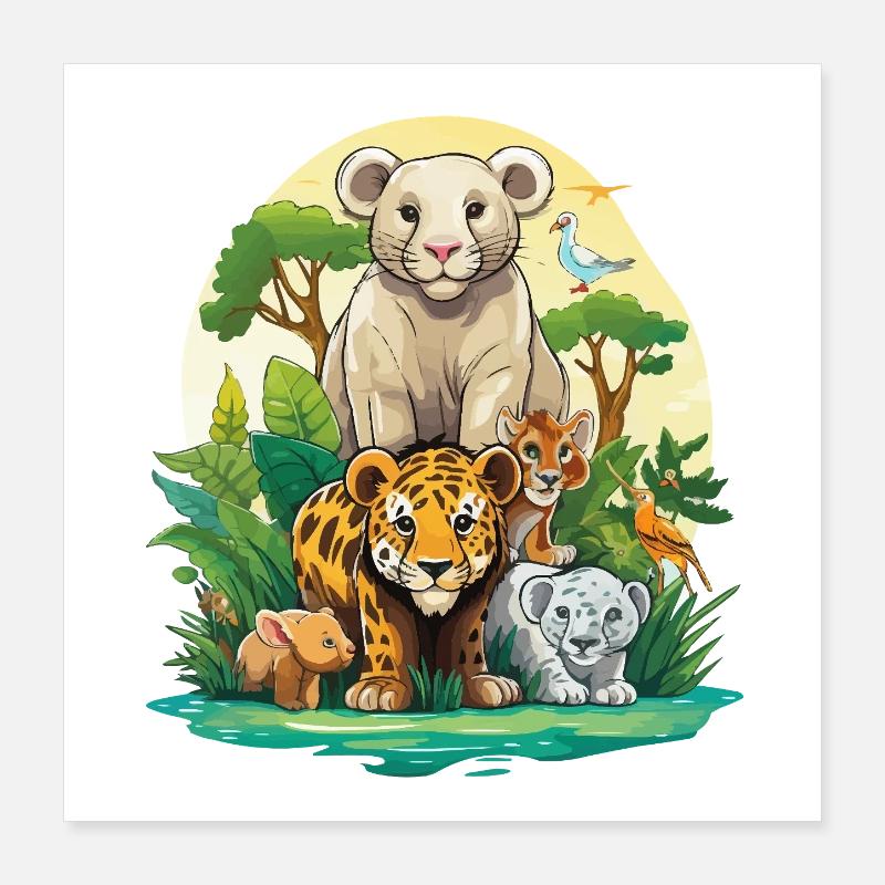 Dschungel Tierfreunde Ensemble - Poster 40x40 cm - Weiß