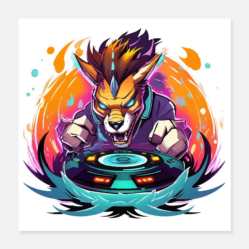 Wolfs-DJ Neon Feuer Poster 40x40 cm