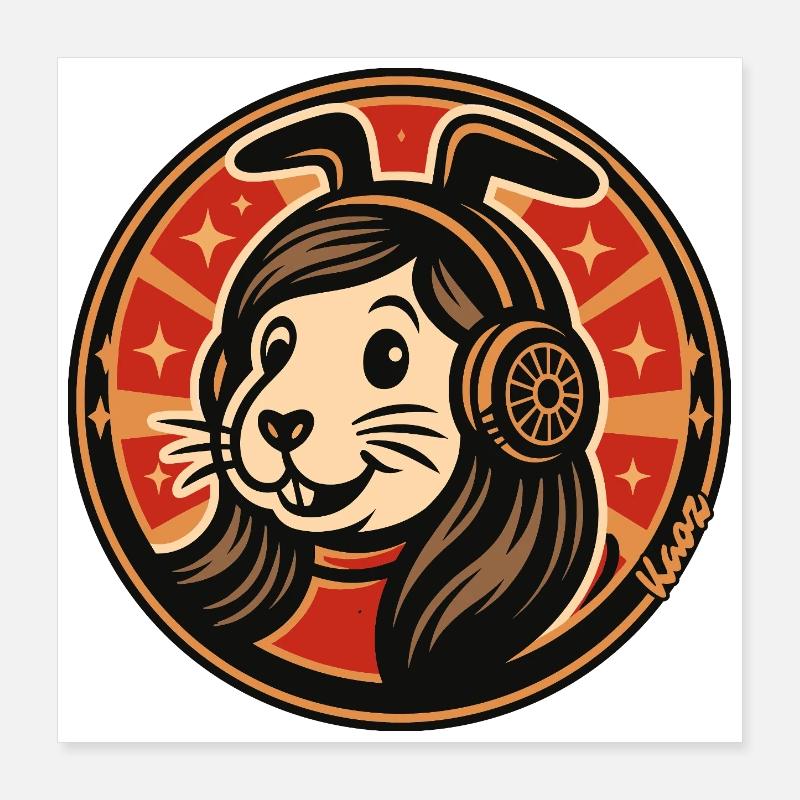 Rabbit Headphones Badge Poster 16" x 16" (40x40 cm)