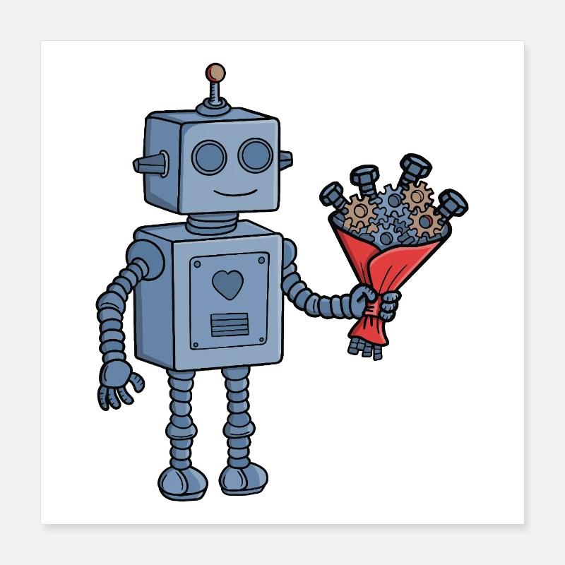 Robot de la Saint-Valentin mignon avec bouquet d’engrenages mécaniques Poster 40 x 40 cm