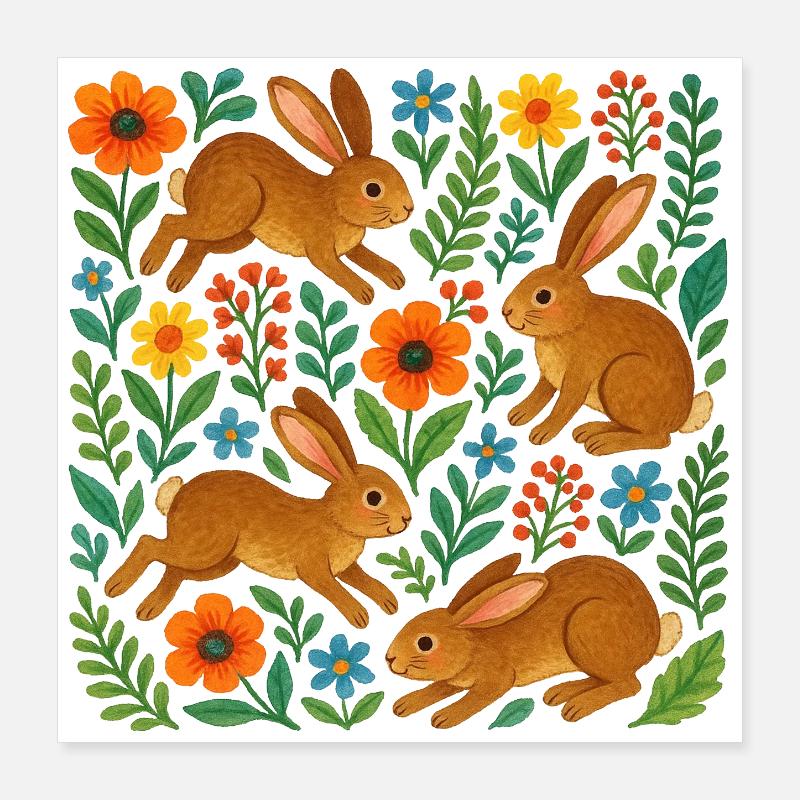 Lapins en fleurs à l’aquarelle Poster 40 x 40 cm