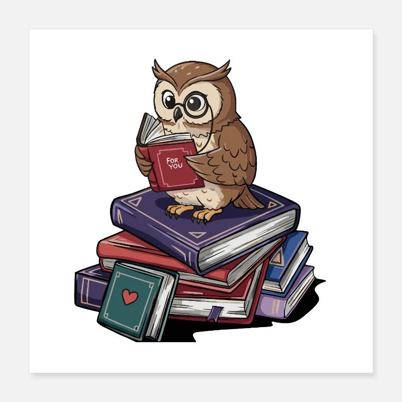 Bücherwurm-Eule-Vogel liest Bücher Kunst Poster 40x40 cm