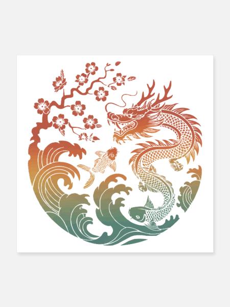 Drache & Koi Kreisdesign - Poster 40x40 cm - Weiß