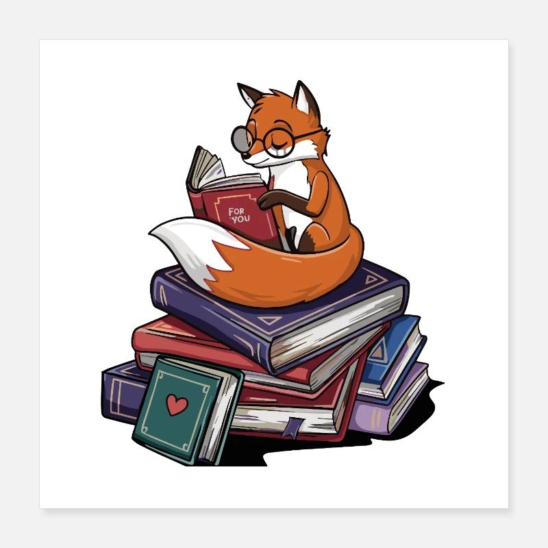Bücherwurm-Fuchs-Tierlese-Bücher Kunst Poster 40x40 cm