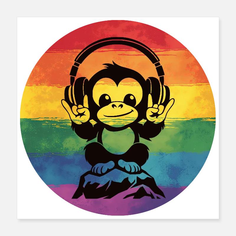 Rainbow DJ Monkey – Signe de la main rock casque Poster 40 x 40 cm