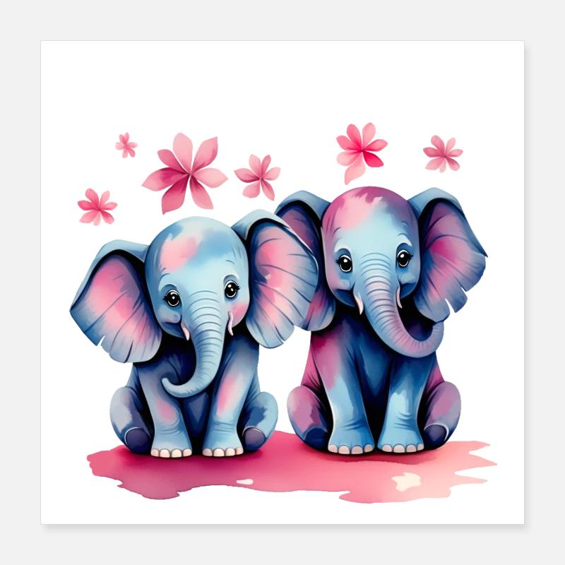 Éléphants pastel avec des fleurs Poster 40 x 40 cm