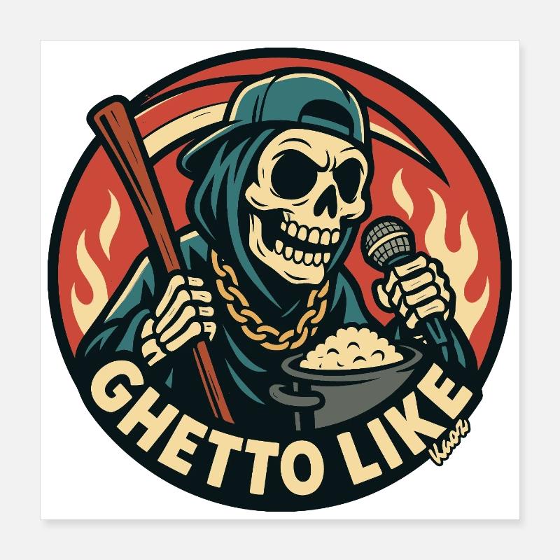 Skelett mit Mikrofon und Ghetto Like Poster 40x40 cm