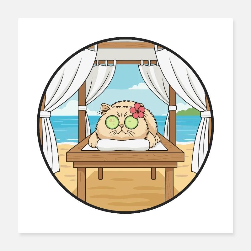 Beach Spa Cat Kitten Relaxing Art Poster 16" x 16" (40x40 cm)