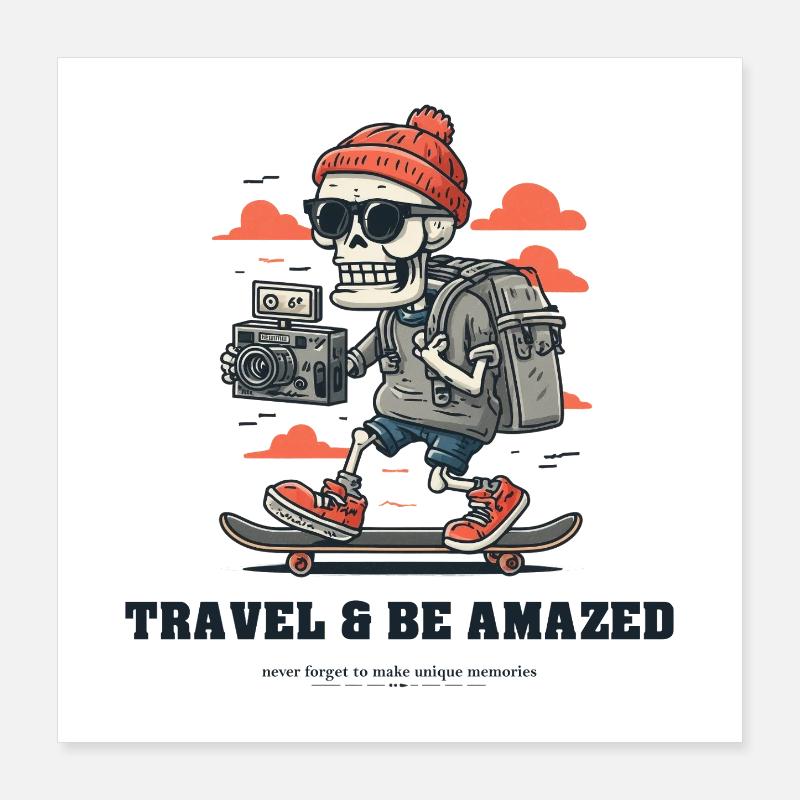 Reise-Skelett mit Kamera Poster 40x40 cm