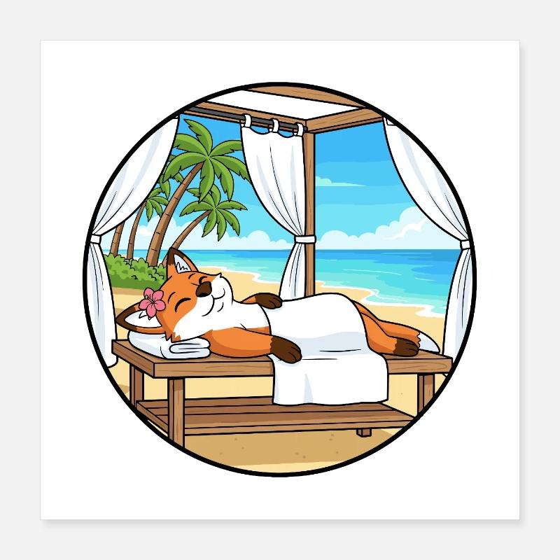 Beach Spa Fox Animal Relaxing Art Poster 16" x 16" (40x40 cm)