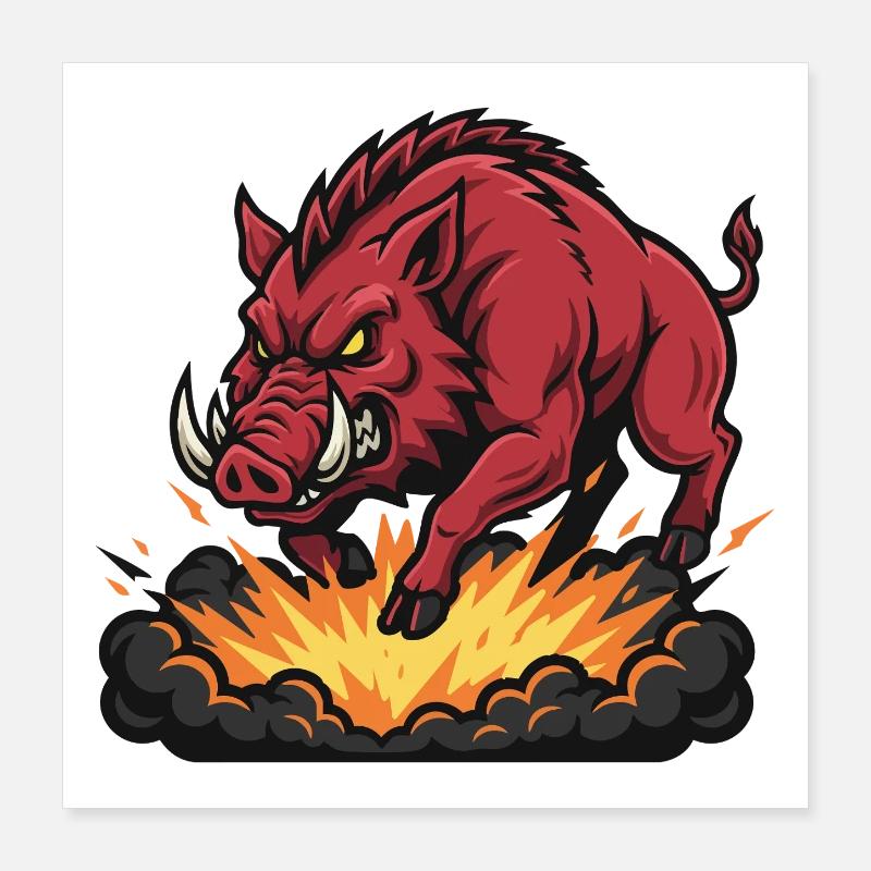 Red Boar Fire Blast Mascot Boar Poster 16" x 16" (40x40 cm)