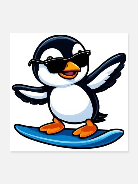 Surfeur Cool Penguin Surfant les vagues Sports d’été - Poster 40 x 40 cm - blanc - Devant