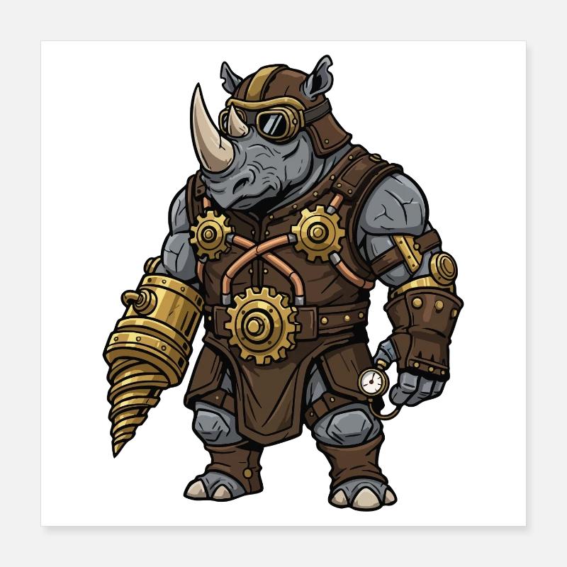 Rhinocéros Steampunk Foreuse Mécanicien Armure Poster 40 x 40 cm