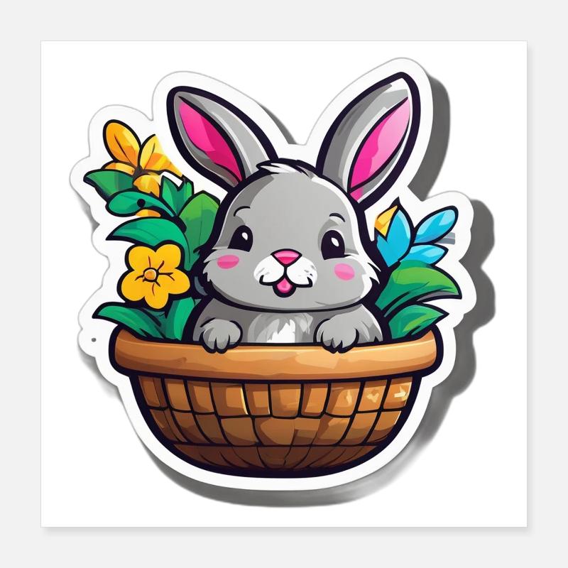 Lapin printanier en panier fleuri Poster 40 x 40 cm