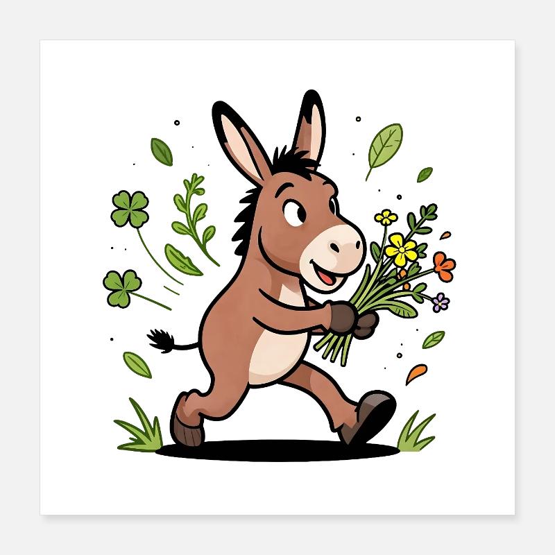 Âne joyeux et bouquet printanier Poster 40 x 40 cm