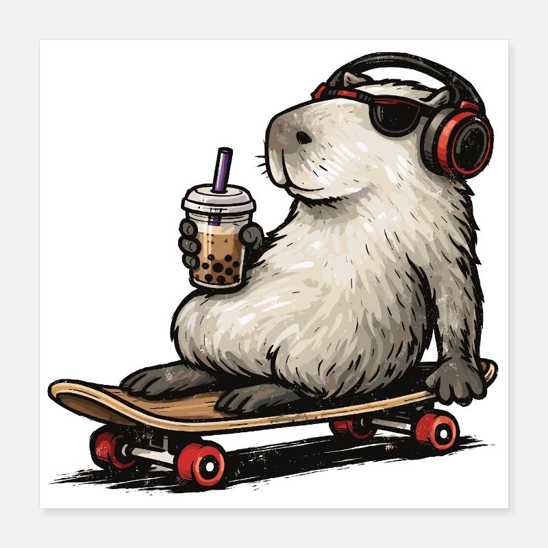 Capybara Skateboard Bubble Tea Poster 40 x 40 cm