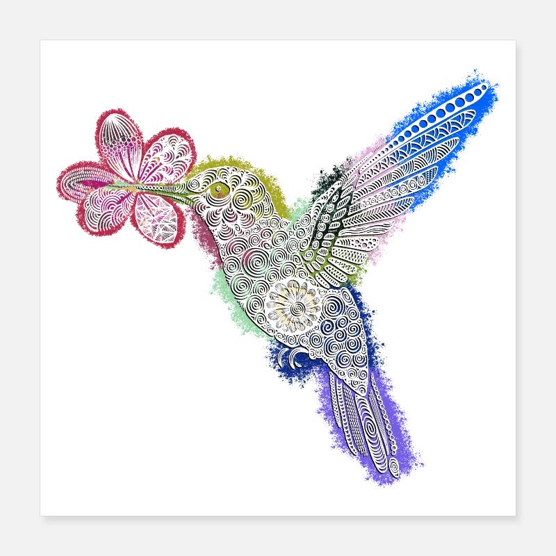 Zentangle-Kolibri mit Blume Poster 40x40 cm