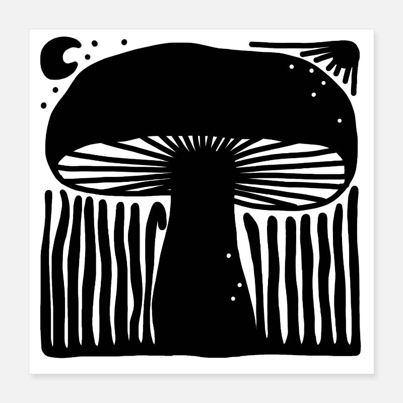 Illustration mystique de linogravure céleste en forme de champignon Poster 40 x 40 cm