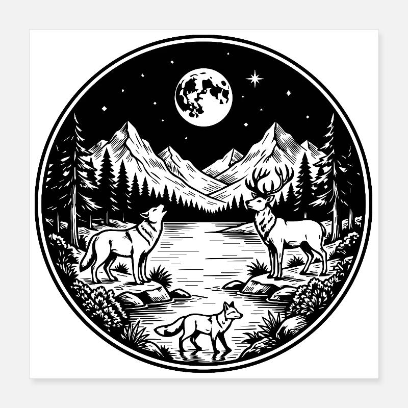 Wolf, deer and fox on the mountain river in the full moon. Poster 16" x 16" (40x40 cm)