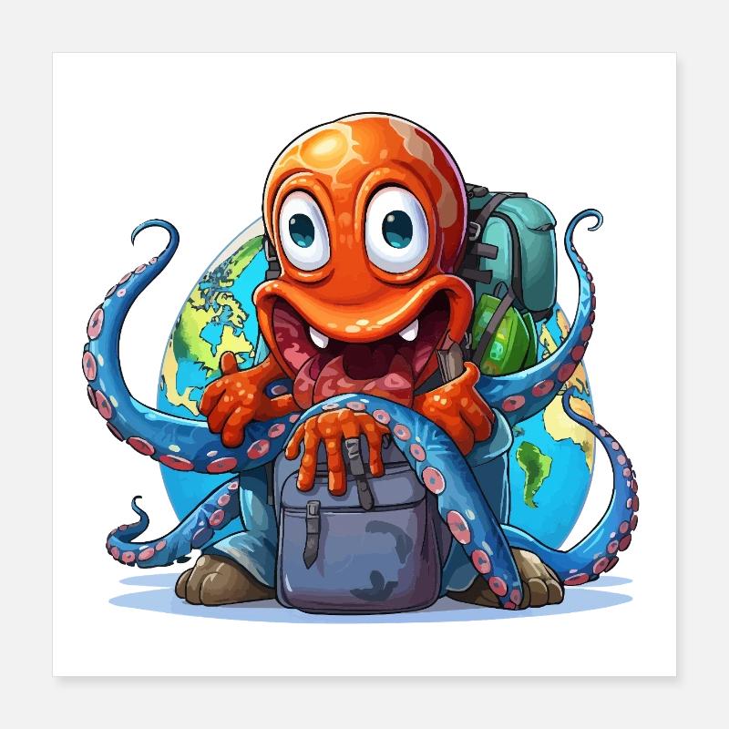 Travel Octopus with Globe Poster 16" x 16" (40x40 cm)