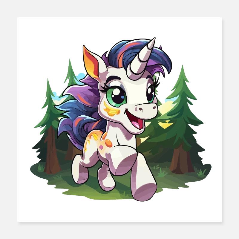 Licorne colorée de la forêt heureuse Poster 40 x 40 cm
