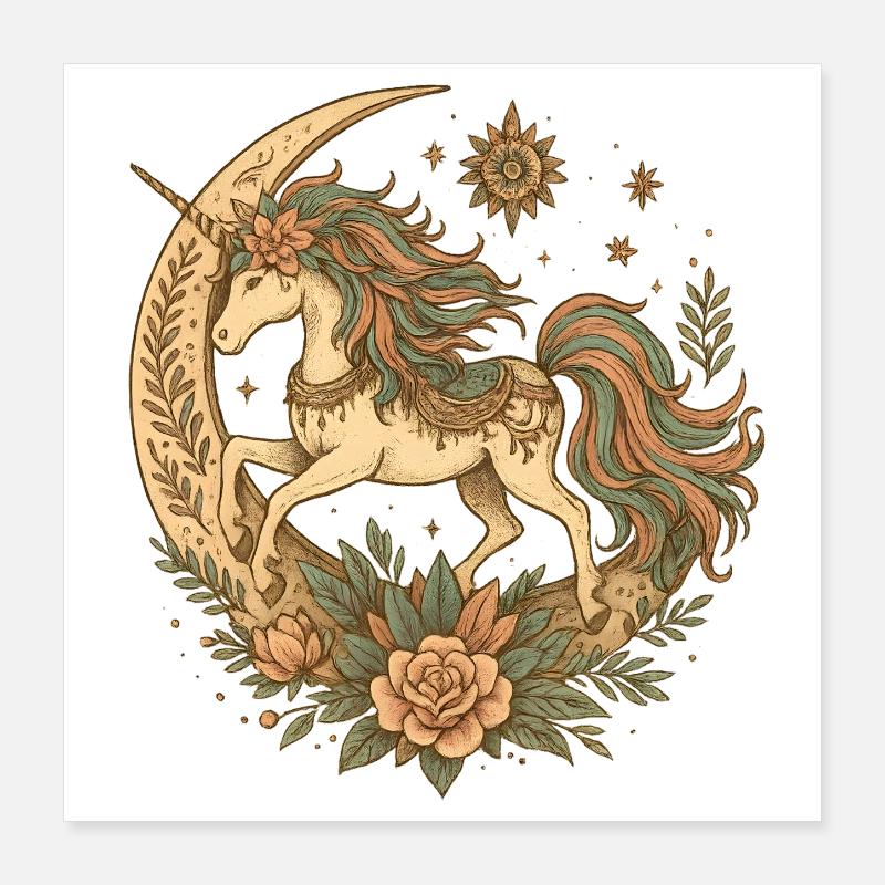 Licorne au clair de lune avec couronne de fleurs Poster 40 x 40 cm