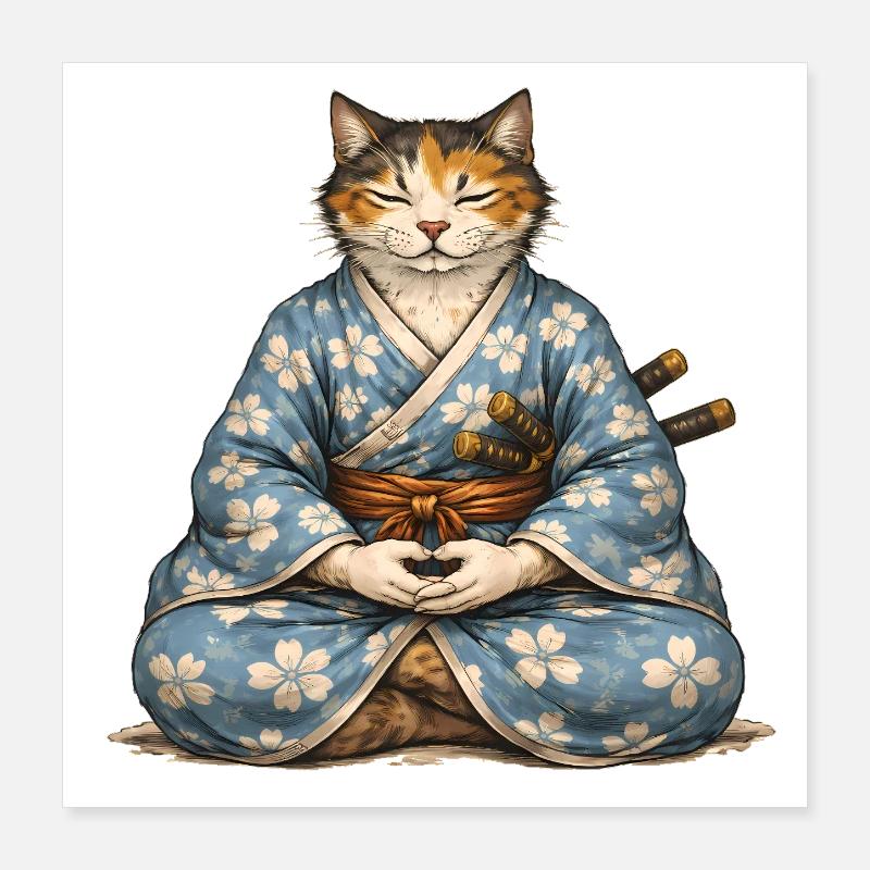 Kimono de méditation Zen Samurai Cat Poster 40 x 40 cm