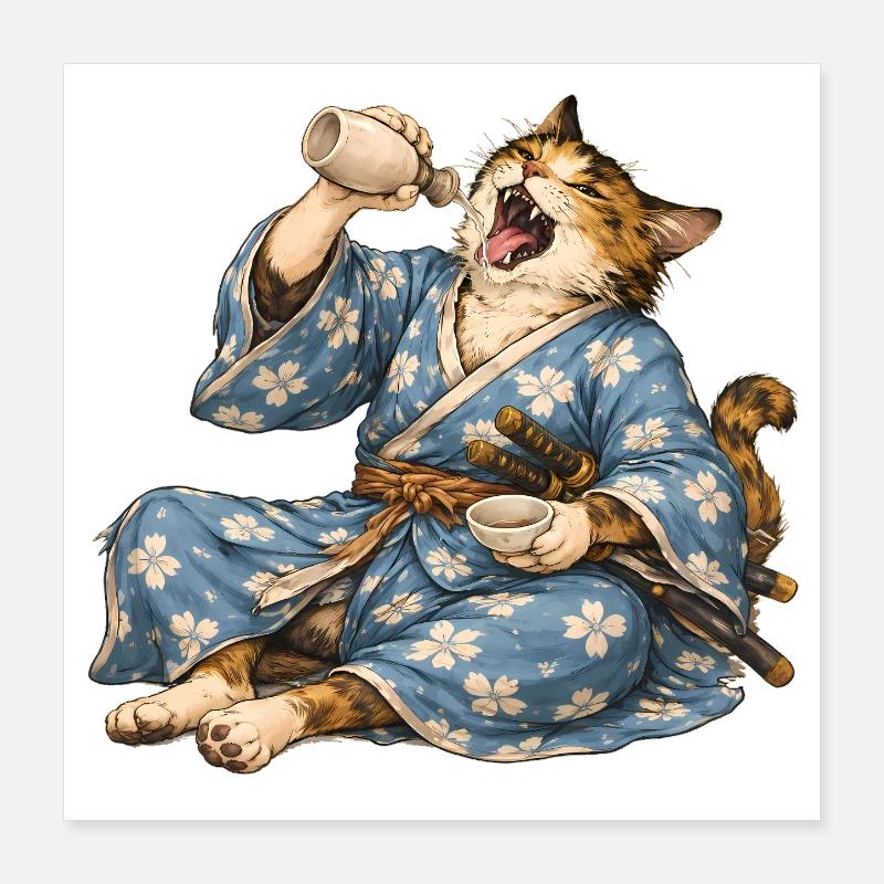 Saké de chat samouraï style ukiyo-e japonais Poster 40 x 40 cm