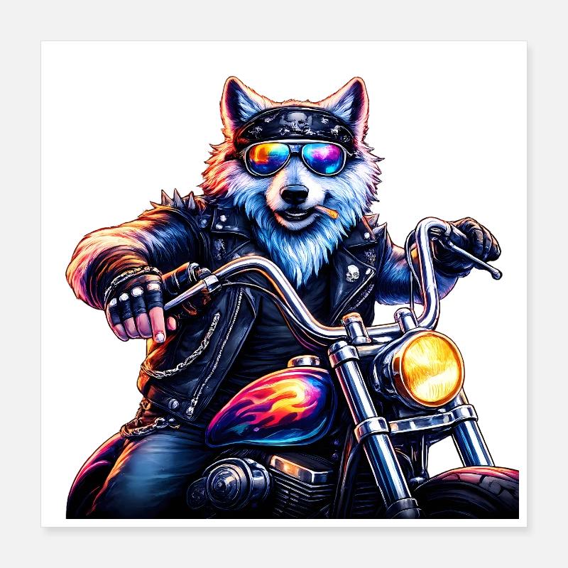 Neon Biker Wolf Motorcycle Animal Poster 16" x 16" (40x40 cm)
