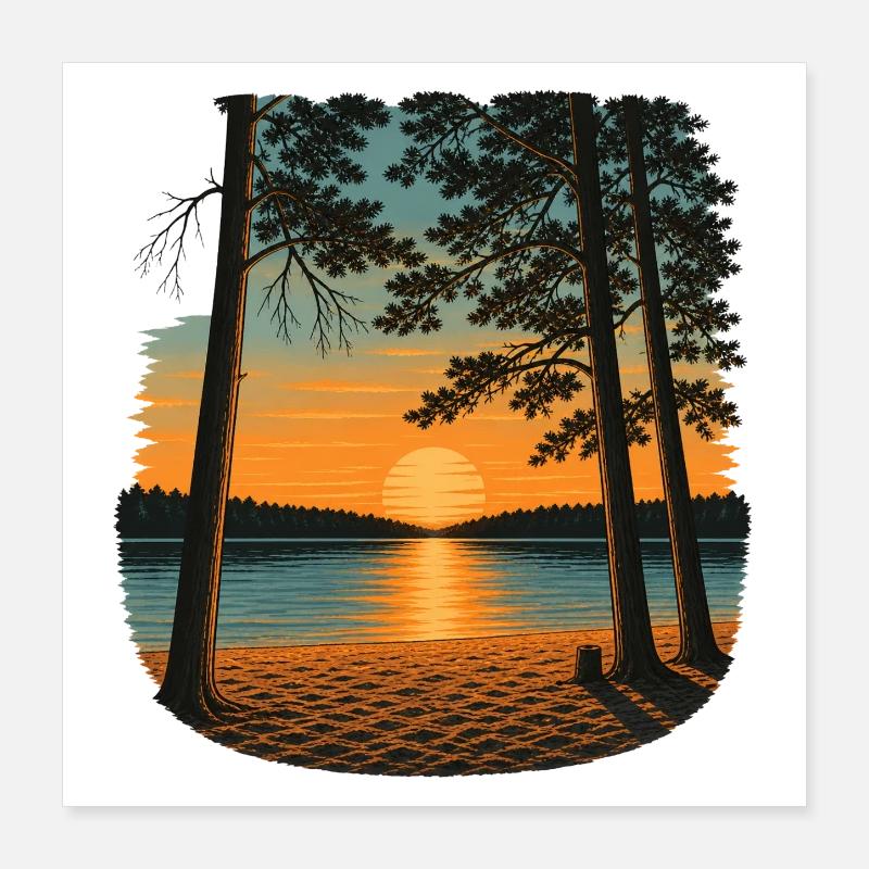 Coucher de soleil au lac forestier Poster 40 x 40 cm