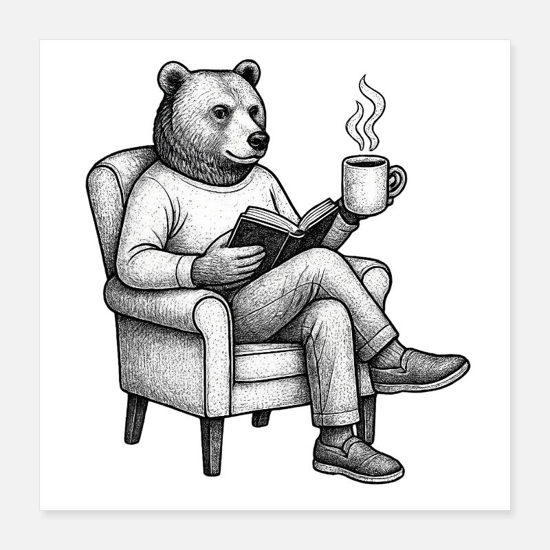 Bear Reader with Book and Mug Poster 16" x 16" (40x40 cm)