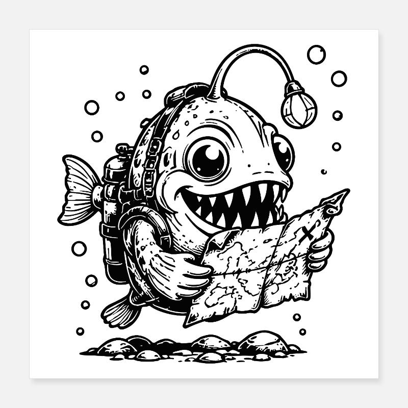 Monster Fish Frogfish with Treasure Map Poster 16" x 16" (40x40 cm)