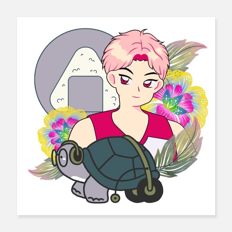 Anime-Junge und Schildkröte mit Walker-Kunst Poster 40x40 cm