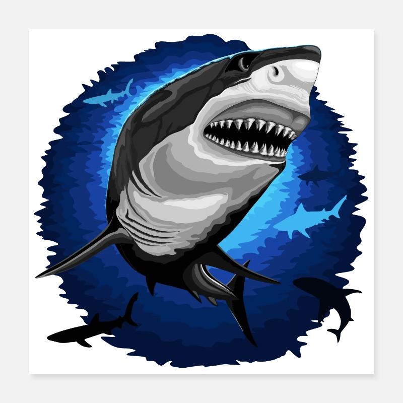 Mâchoires d’attaque de requin sur un océan bleu profond Poster 40 x 40 cm
