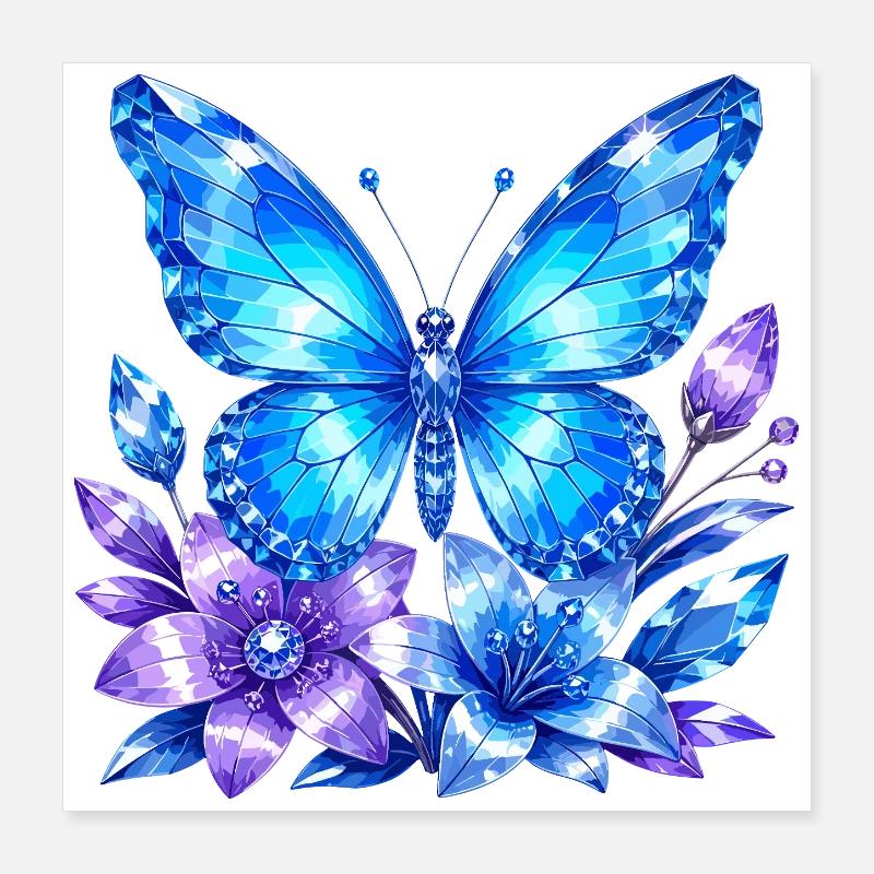 Papillon bleu avec des fleurs de lavande Poster 40 x 40 cm