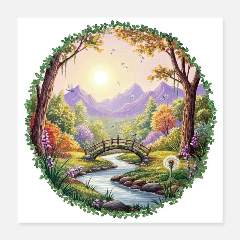 Frühlingsfarbene Landschaftsbrücke Poster 40x40 cm