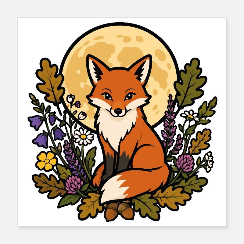 Fox under full flowery moon Poster 16" x 16" (40x40 cm)