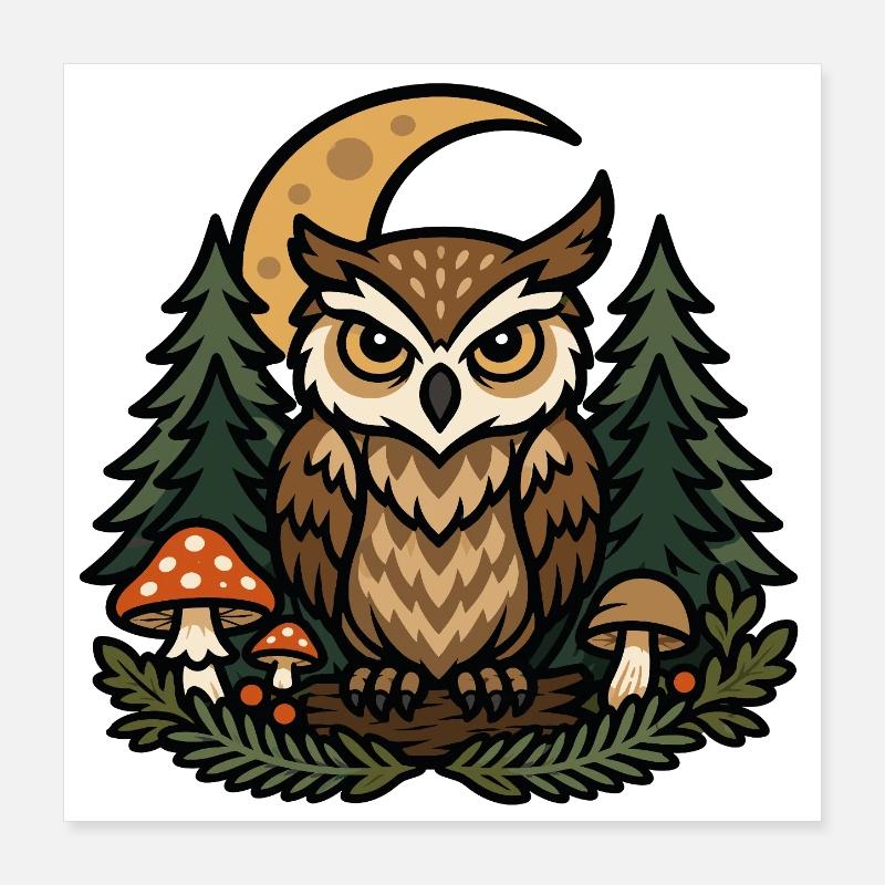 Chouette de forêt sous lune nocturne Poster 40 x 40 cm