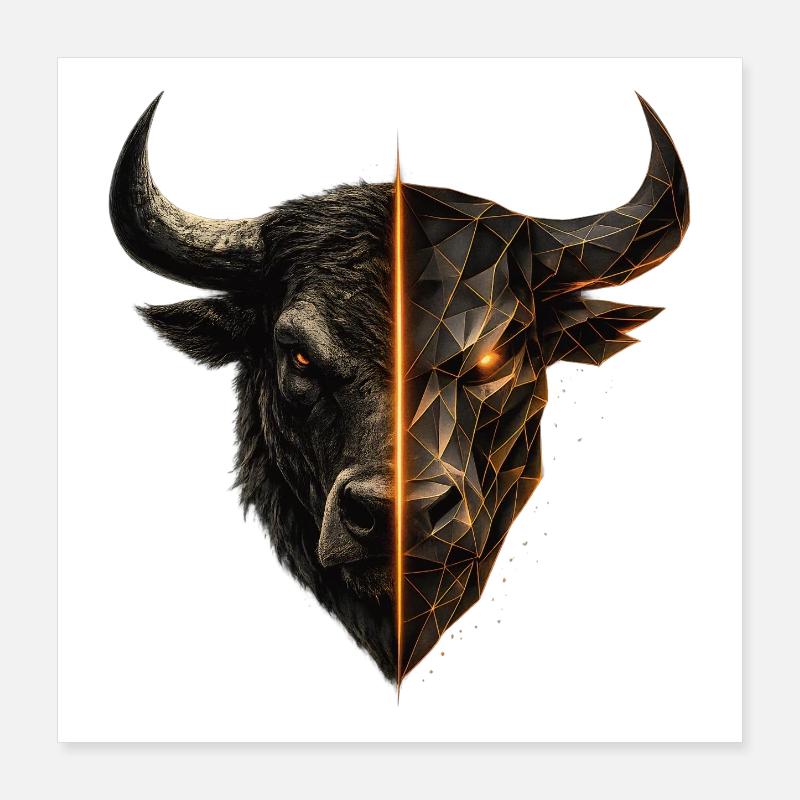 Cyber Bull Split Face Emblem Poster 16" x 16" (40x40 cm)