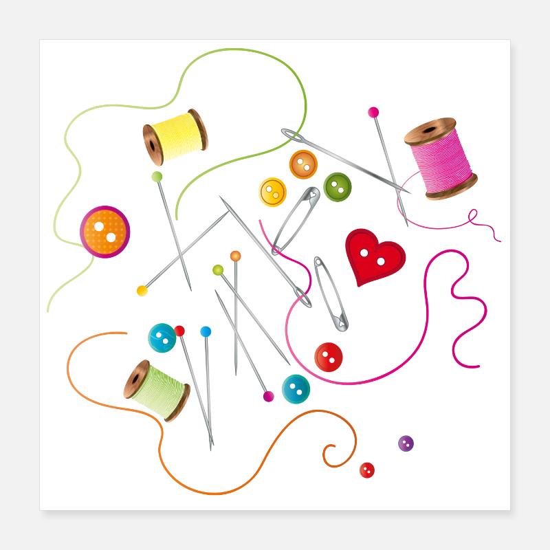 Boutons d'ustensiles de couture, aiguille, fil et fil à coudre Poster 40 x 40 cm